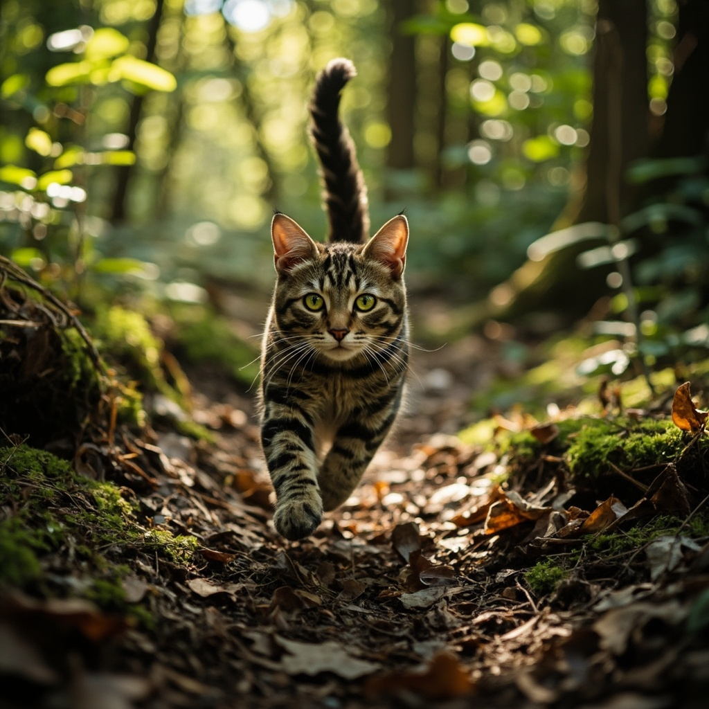 a cat run in forest